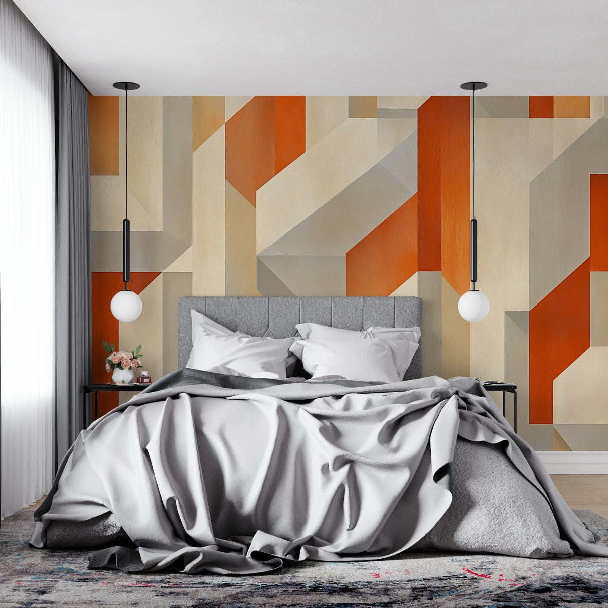 Abstract geometric mural enhancing modern bedroom wall