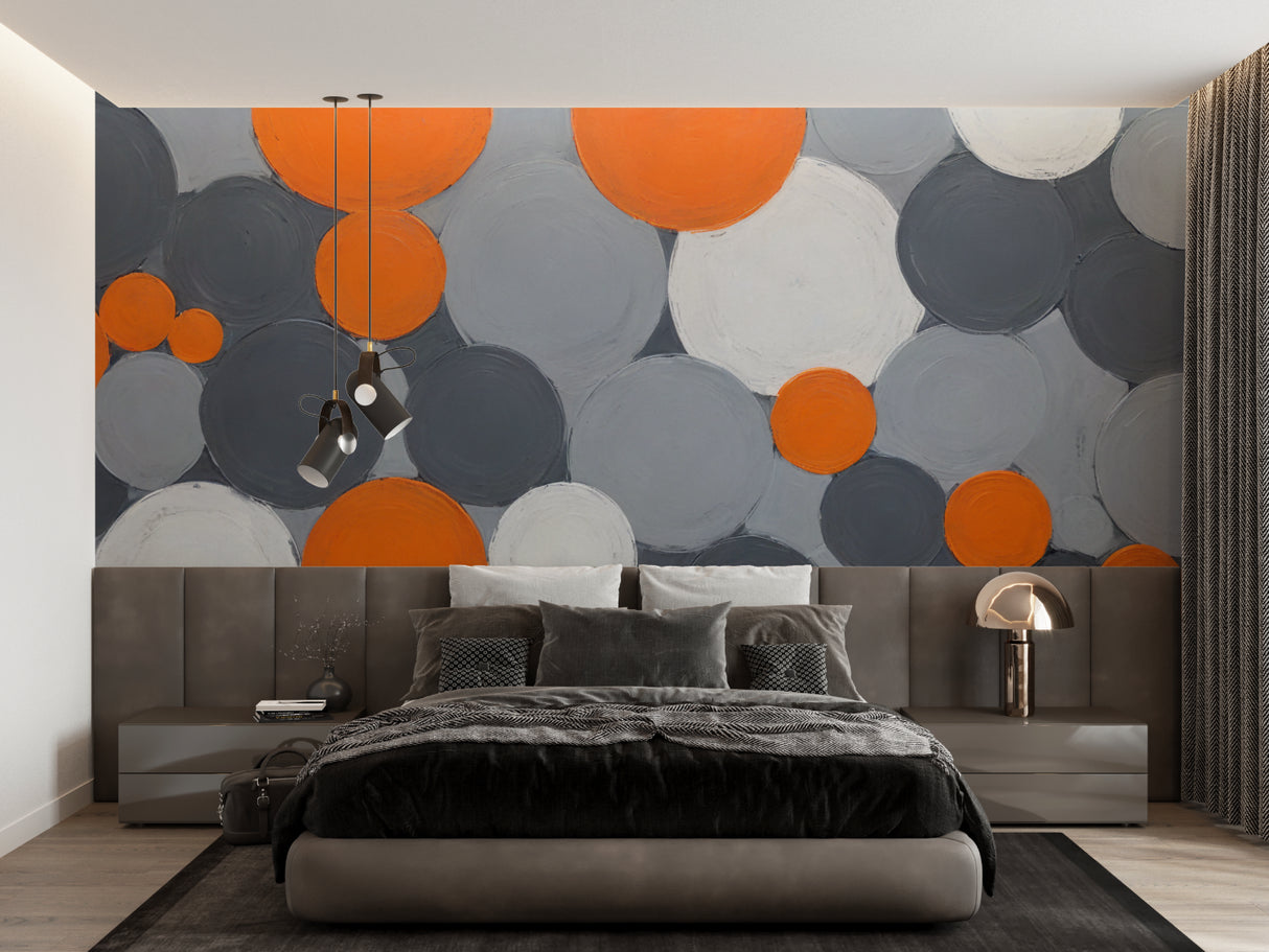 Contemporary home office featuring orange and grey geometric circle wallpaper mural
