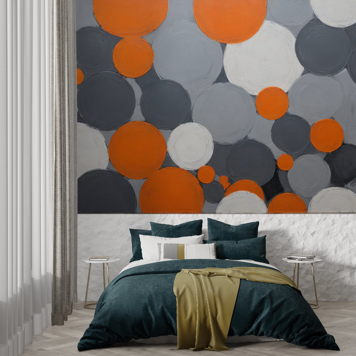 Geometric circle wallpaper creating focal point in modern dining room setting