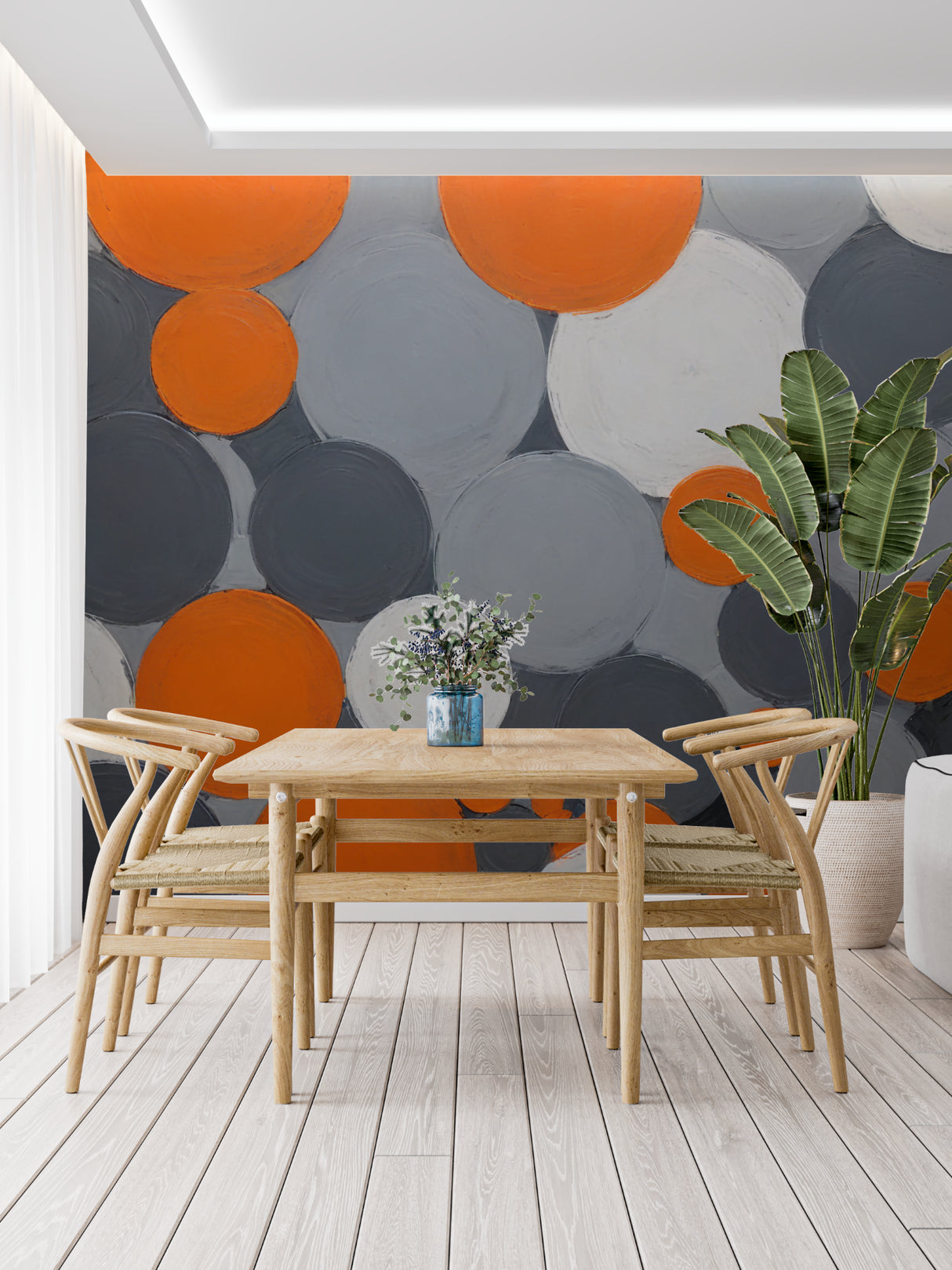 Orange and grey circle pattern wallpaper in minimal bedroom space