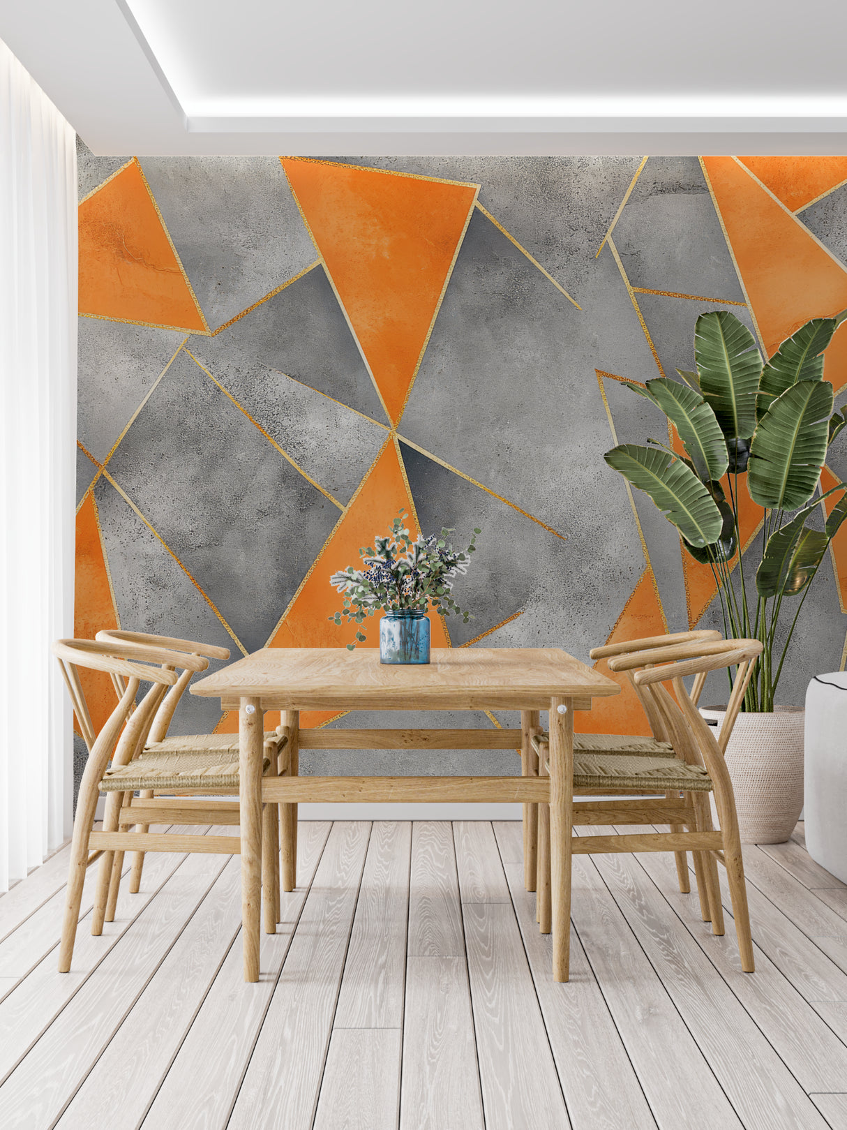 Contemporary home office featuring geometric pattern wallpaper with concrete texture effect