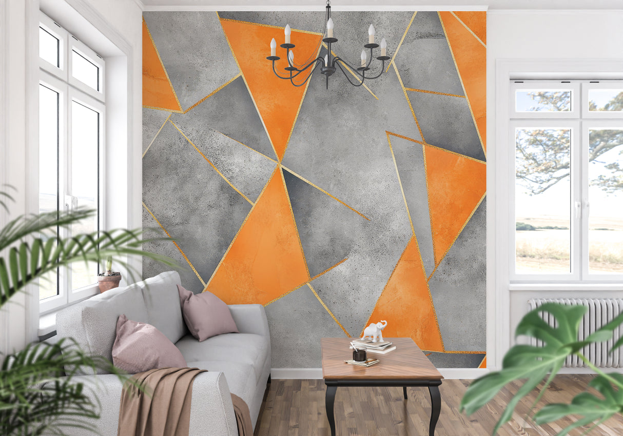 Modern hallway with geometric wallpaper showing golden line accents and concrete texture