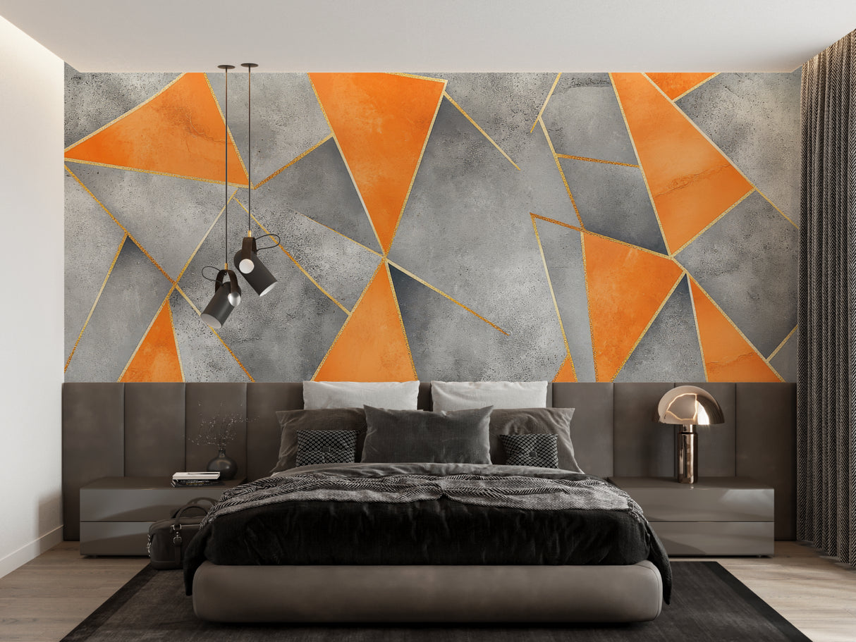 Orange and grey geometric wall mural creating depth in contemporary bedroom setting
