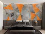 Orange and grey geometric wall mural creating depth in contemporary bedroom setting