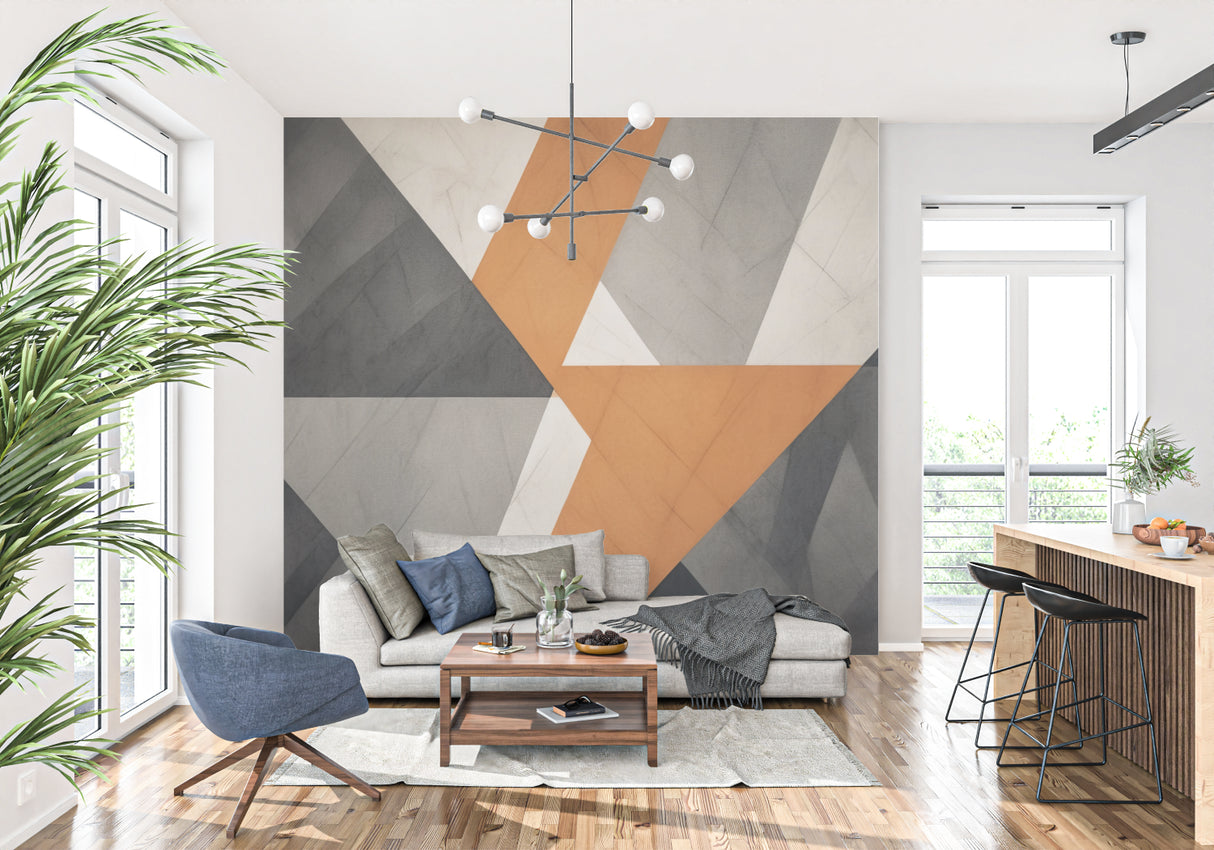 Contemporary home office featuring geometric wall mural with clean lines and modern furniture