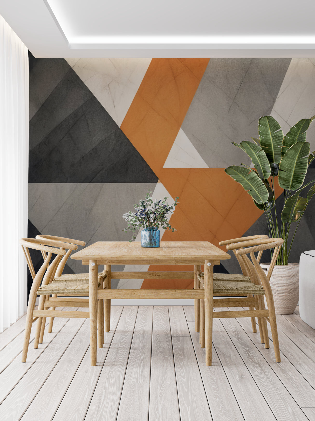 Geometric pattern wallpaper creating dramatic accent wall in modern dining room