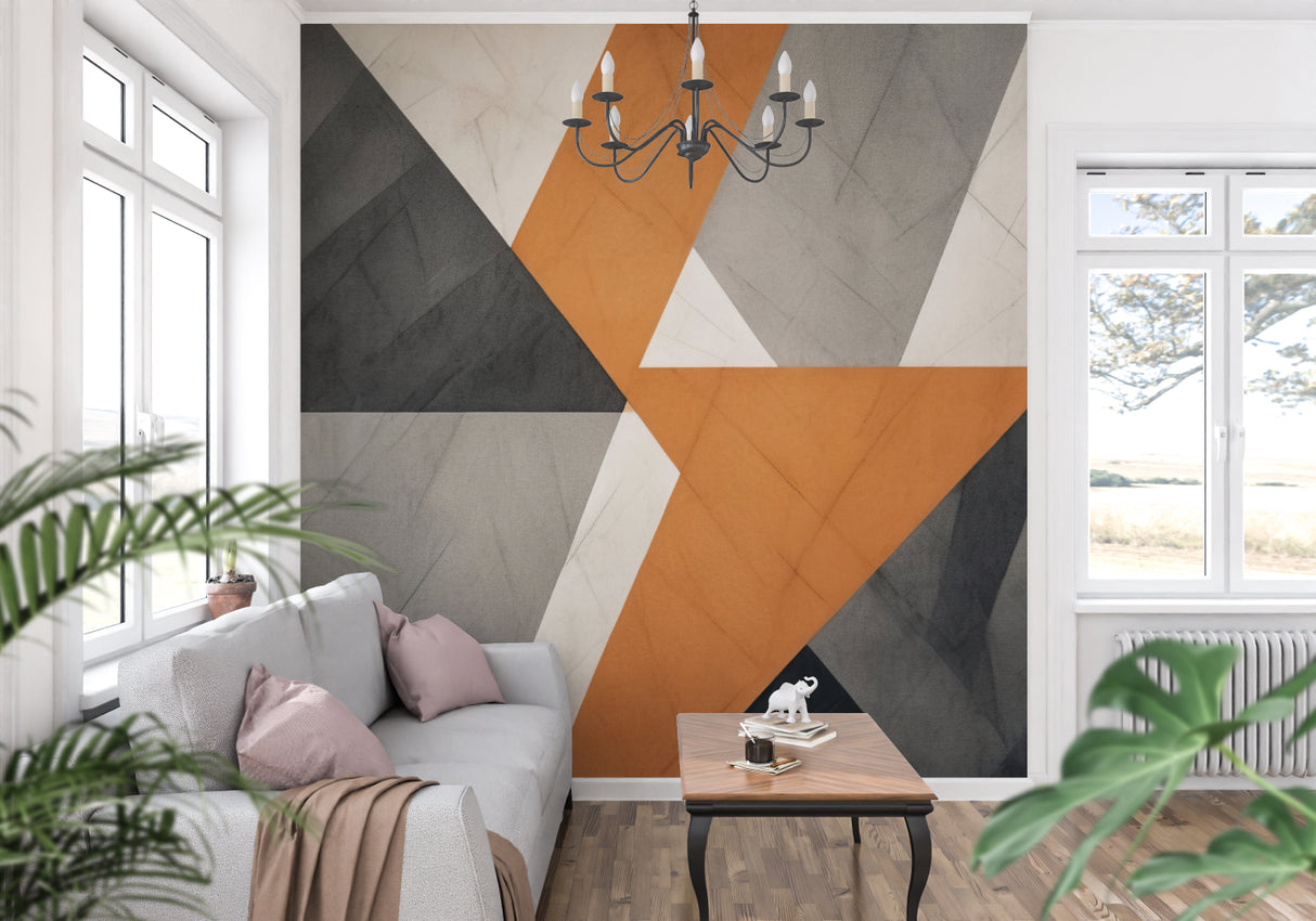Orange and grey geometric wallpaper in minimalist bedroom setting