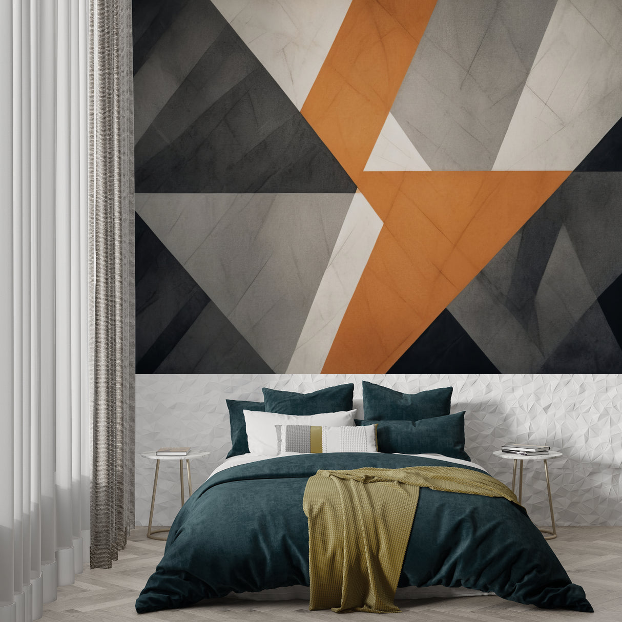 Abstract geometric mural in modern hallway with ambient lighting