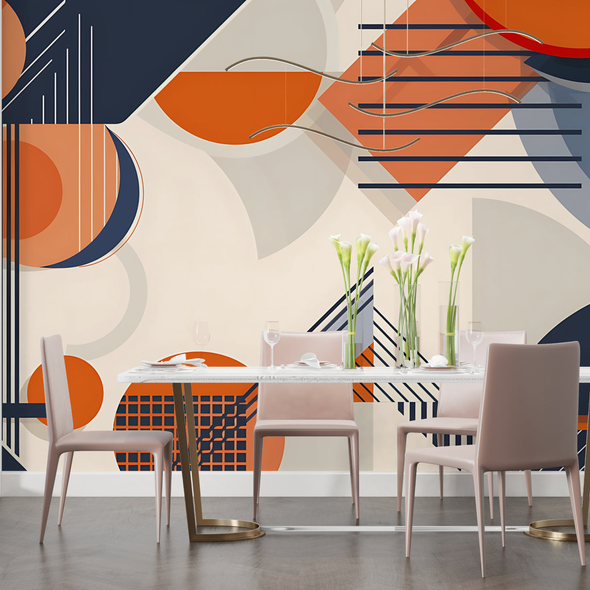 Abstract geometric wall mural bringing bold style to a contemporary home office