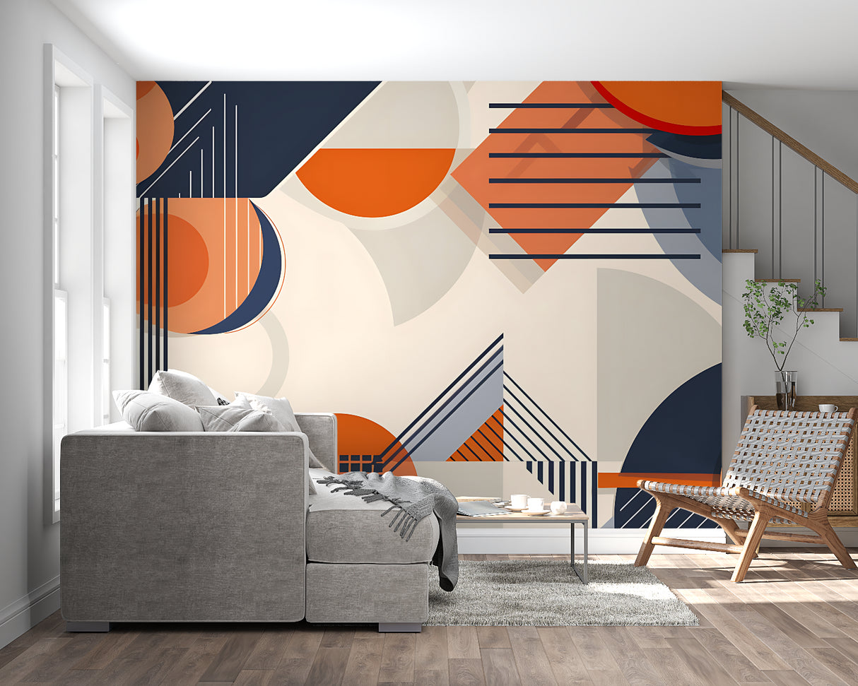 Orange and navy geometric pattern making a statement in an urban dining room