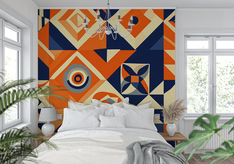 Modern geometric wallpaper with orange and navy pattern showcased in a bright living room setting