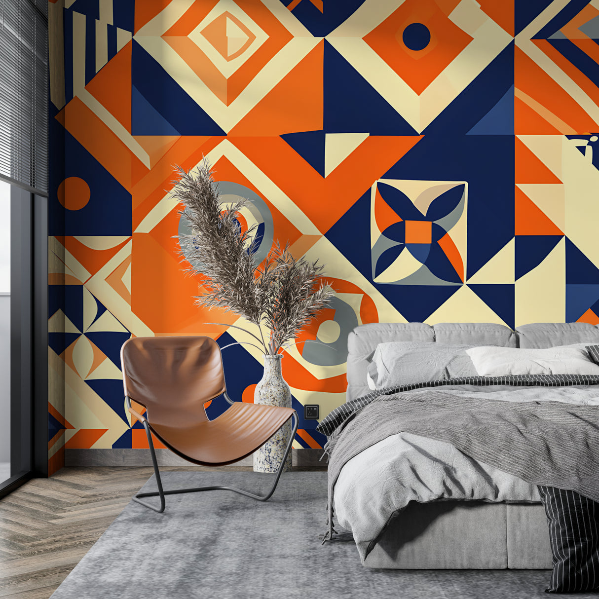 Contemporary home office featuring bold geometric pattern wallpaper in orange and navy