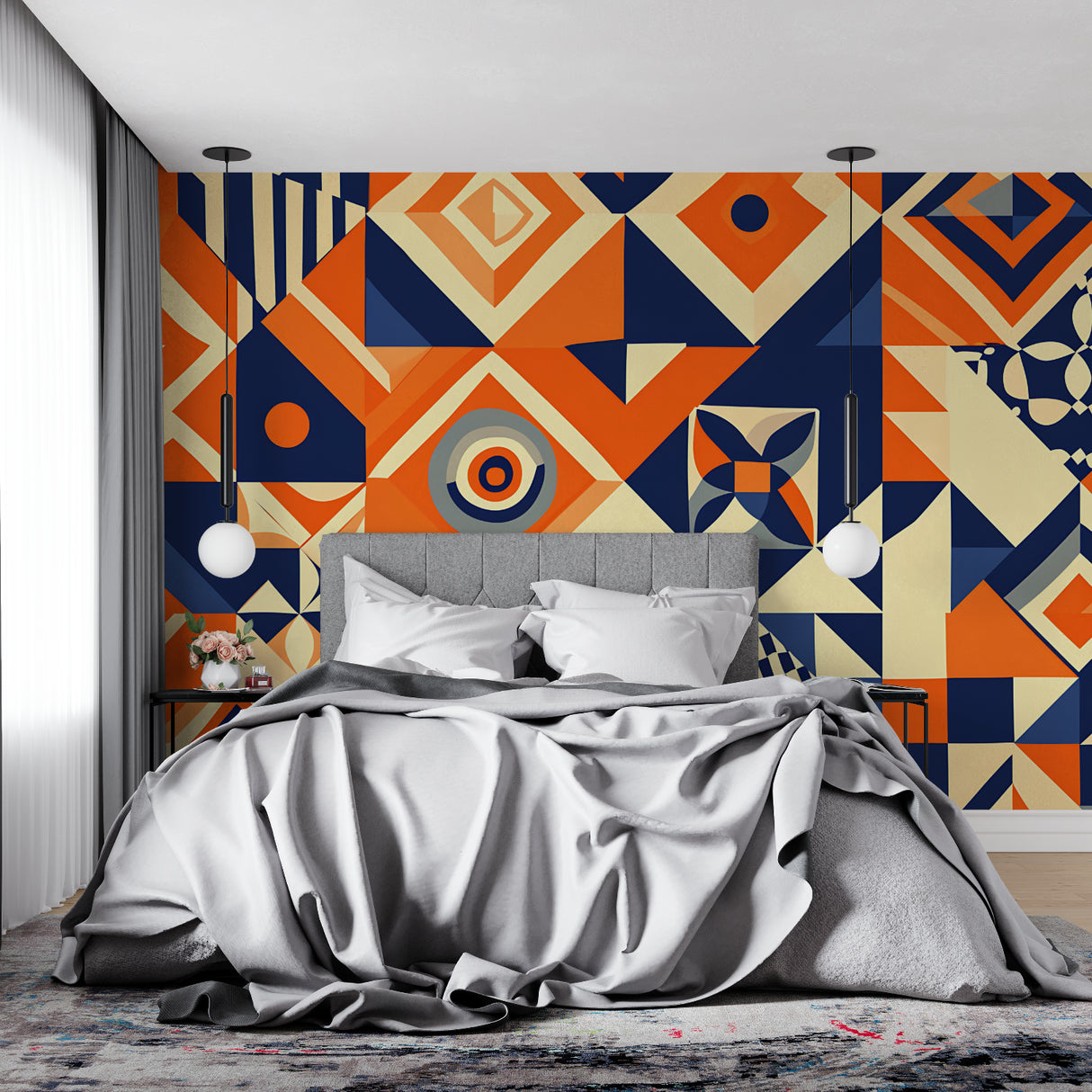 Geometric orange and navy wallpaper creating depth in a modern dining room