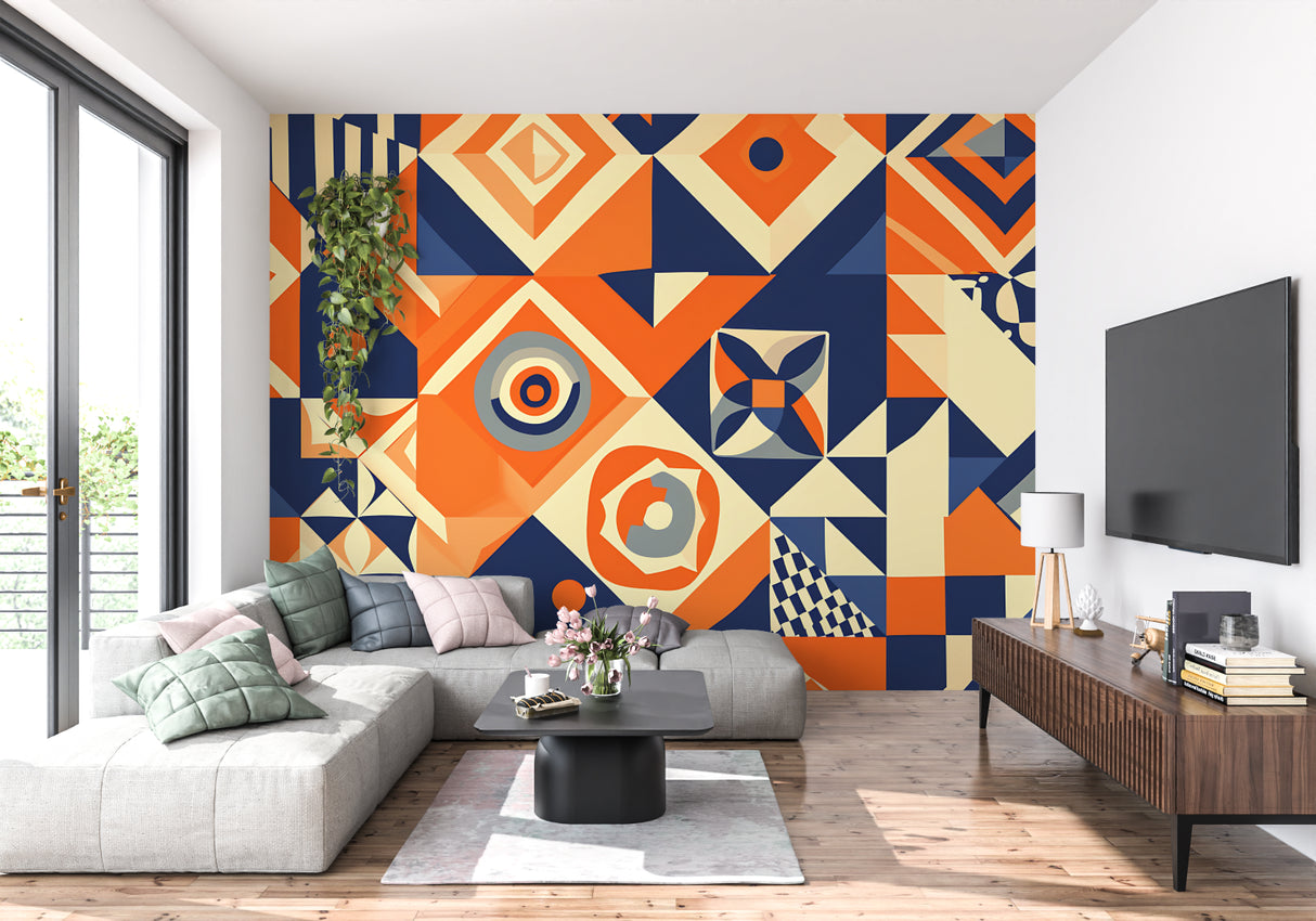 Modern entryway with striking geometric pattern wallpaper in orange and navy tones