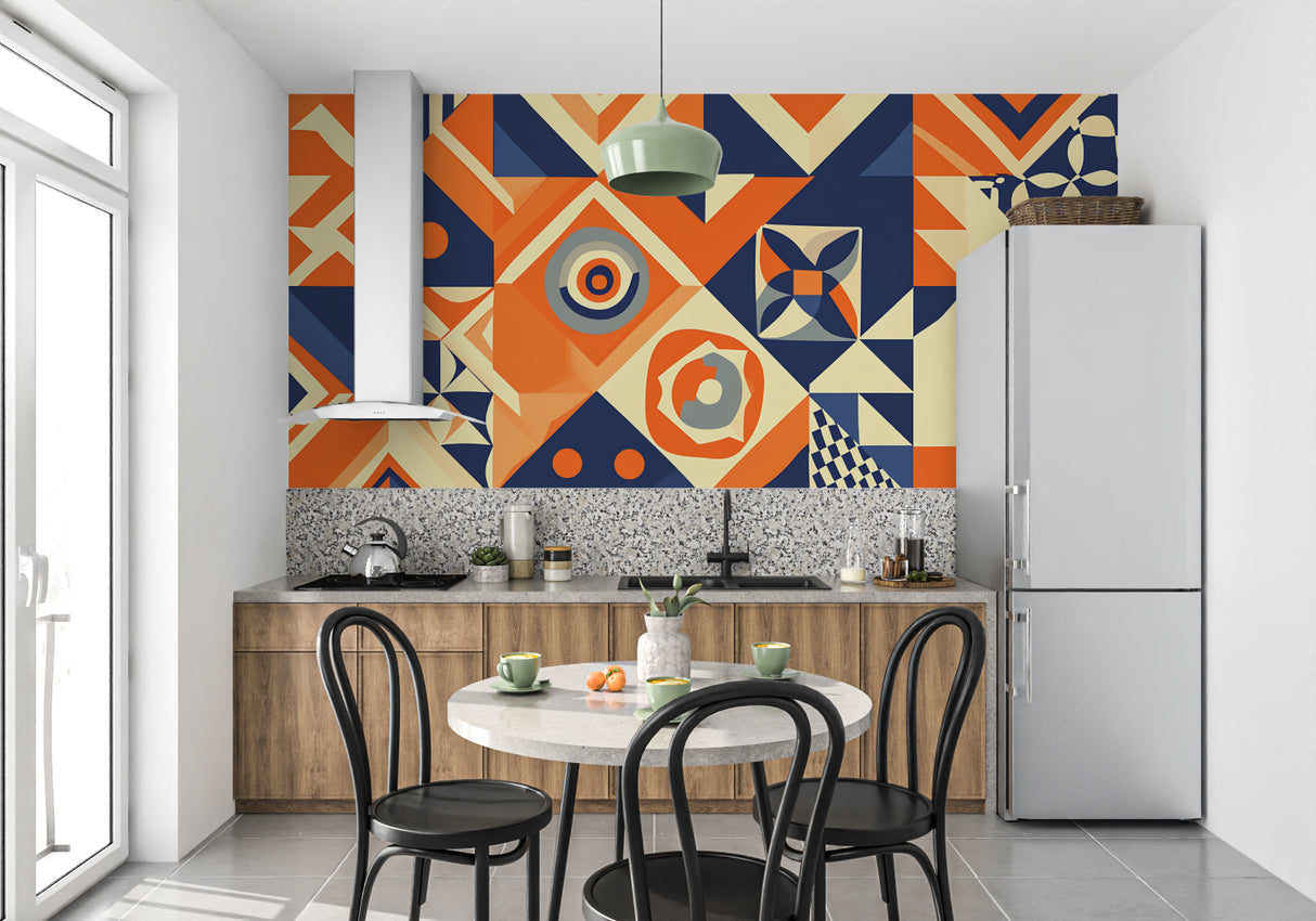 Abstract geometric wallpaper adding visual interest to a minimalist bedroom
