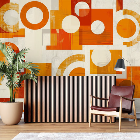 Modern geometric orange circle wallpaper in bright contemporary living room with grey sofa