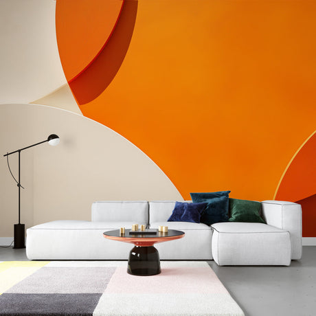 Modern orange geometric wallpaper brings warmth to a minimalist living room with clean lines and contemporary furniture