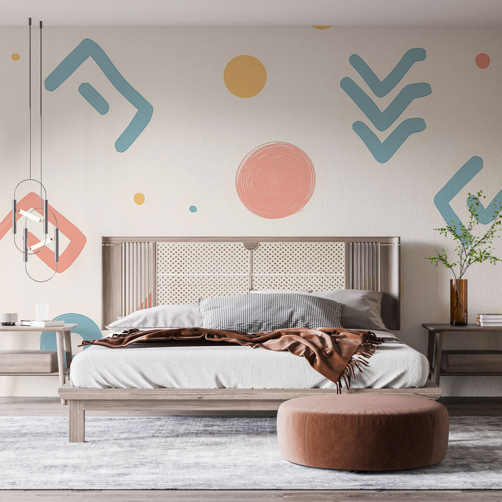 Modern geometric wallpaper bringing fresh style to a bright living room with contemporary furniture and natural light