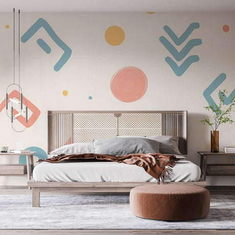 Modern geometric wallpaper bringing fresh style to a bright living room with contemporary furniture and natural light