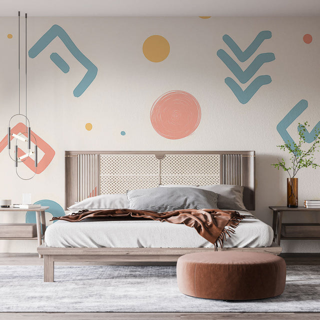 Modern geometric wallpaper bringing fresh style to a bright living room with contemporary furniture and natural light