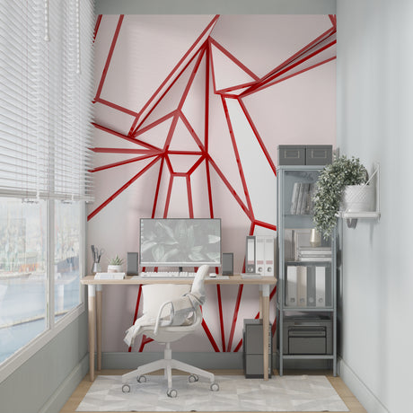Modern geometric red line wallpaper in a minimalist living room with white sofa and natural light