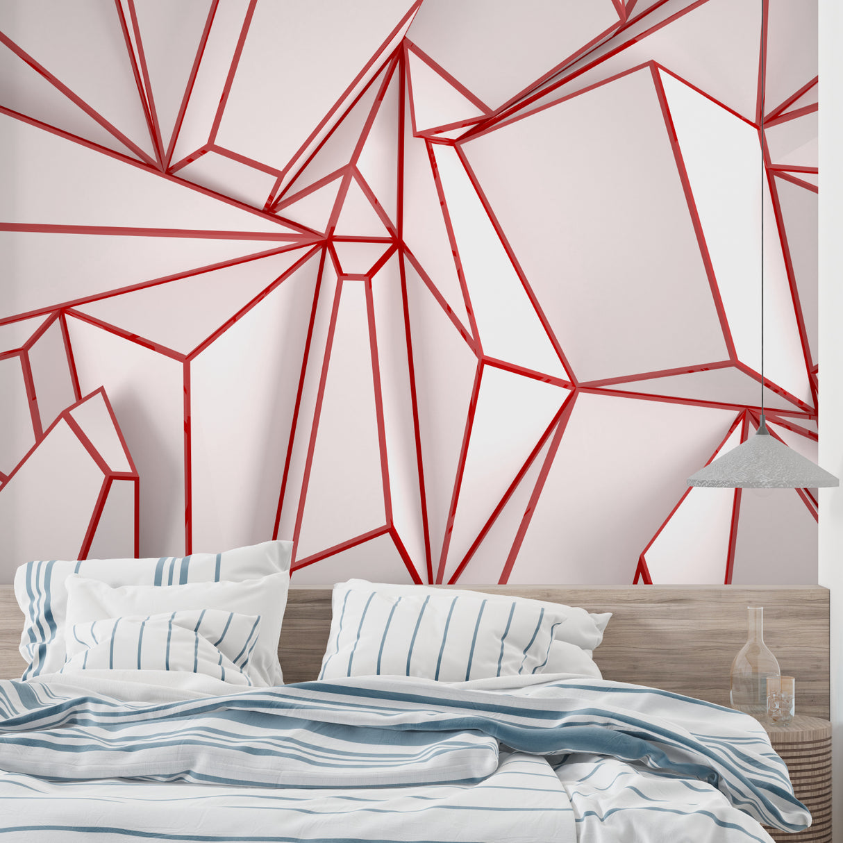 Modern red line pattern wallpaper in a bright dining room setting with designer furniture