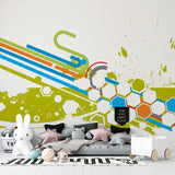 Modern geometric sports wallpaper in teen bedroom showing dynamic hexagon pattern with blue and orange accents