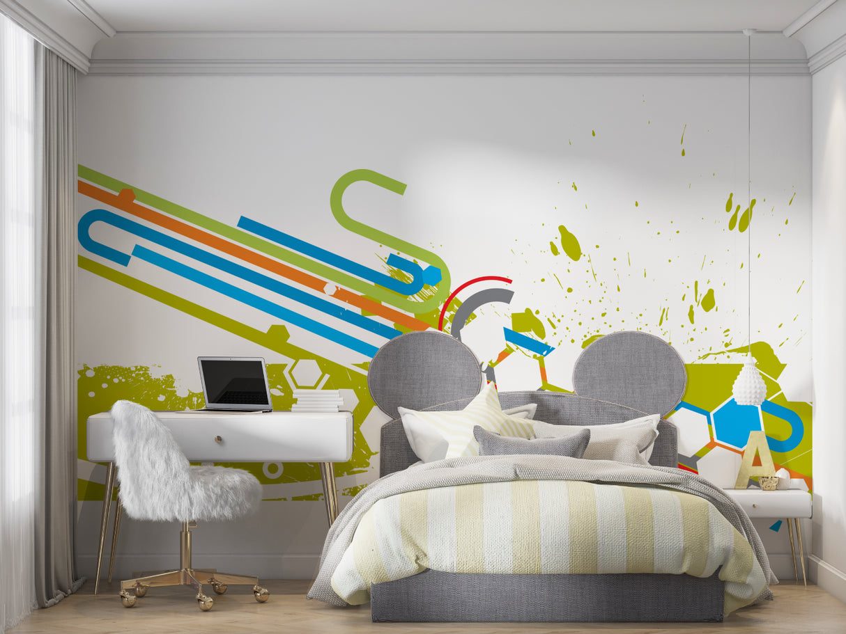 Geometric sports wallpaper creating energetic atmosphere in gaming room with modern furniture