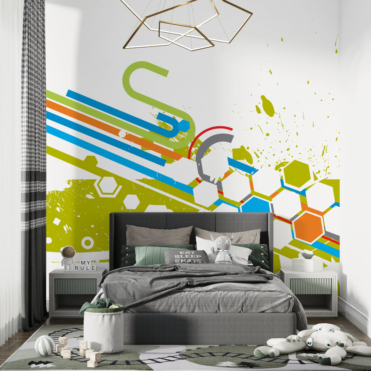 Contemporary hexagon sports wallpaper installed in home gym showing vibrant pattern