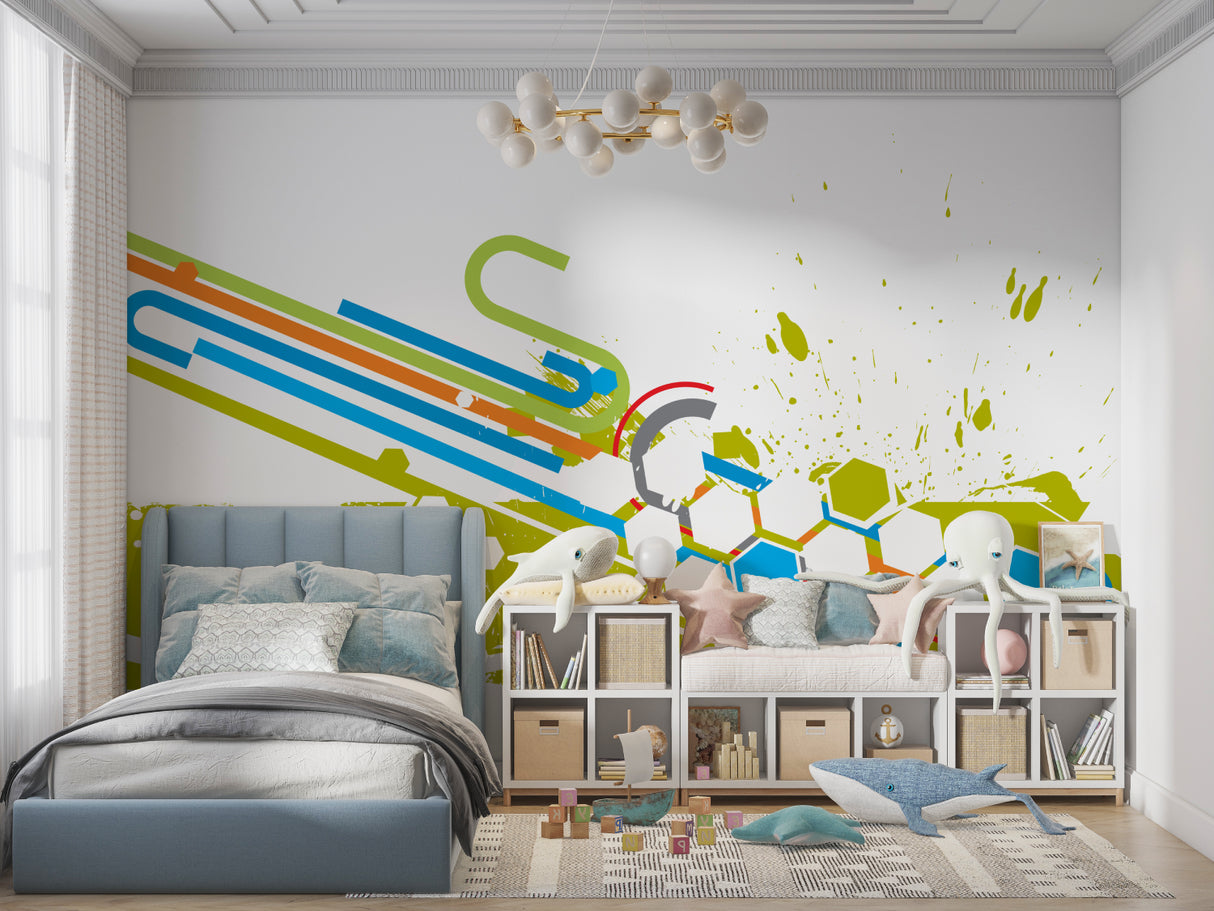 Sports-themed geometric wall mural in modern office space highlighting dynamic design