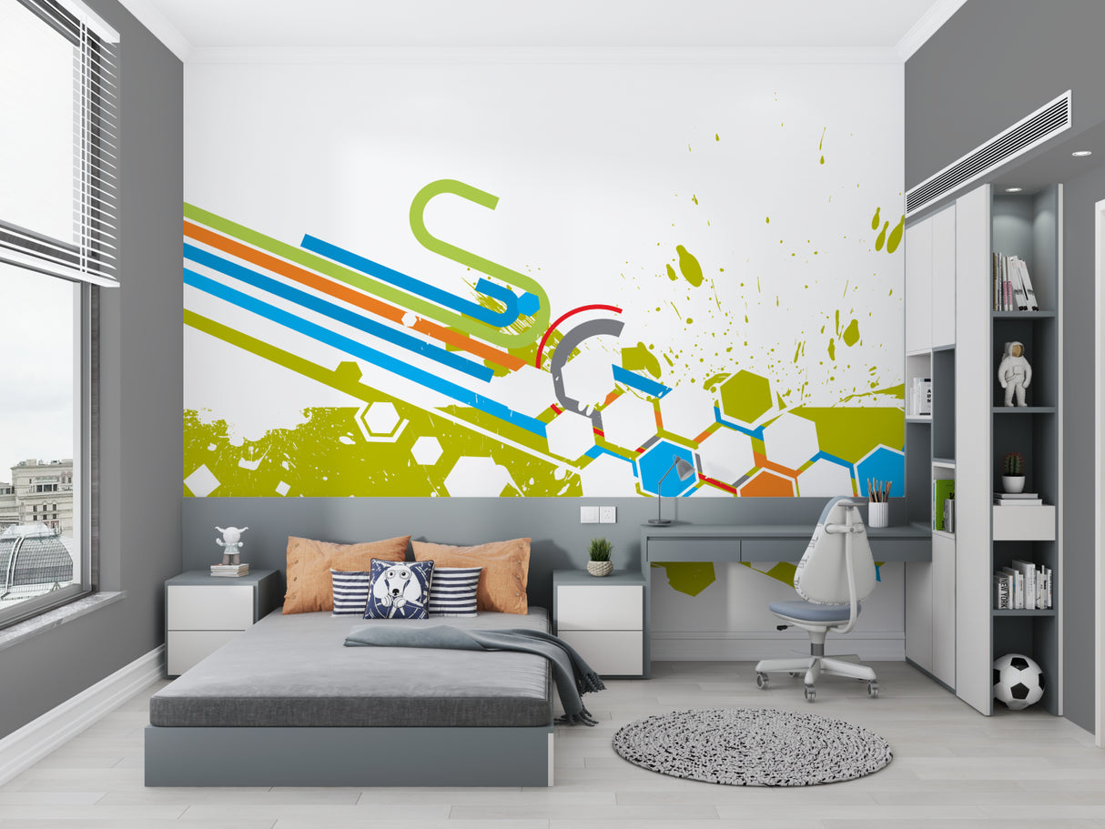 Hexagon pattern sports wallpaper bringing energy to recreation room setting