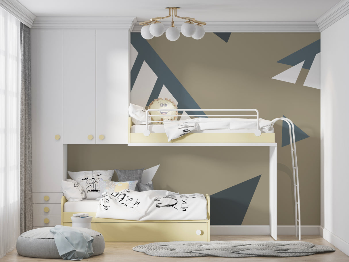 Geometric pattern wallpaper creating depth in minimal home office space