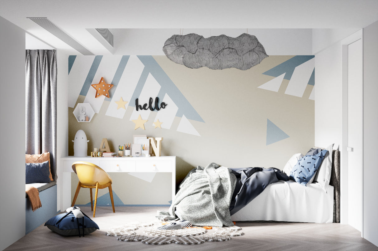 Modern grey geometric wallpaper in stylish bedroom setting with natural light