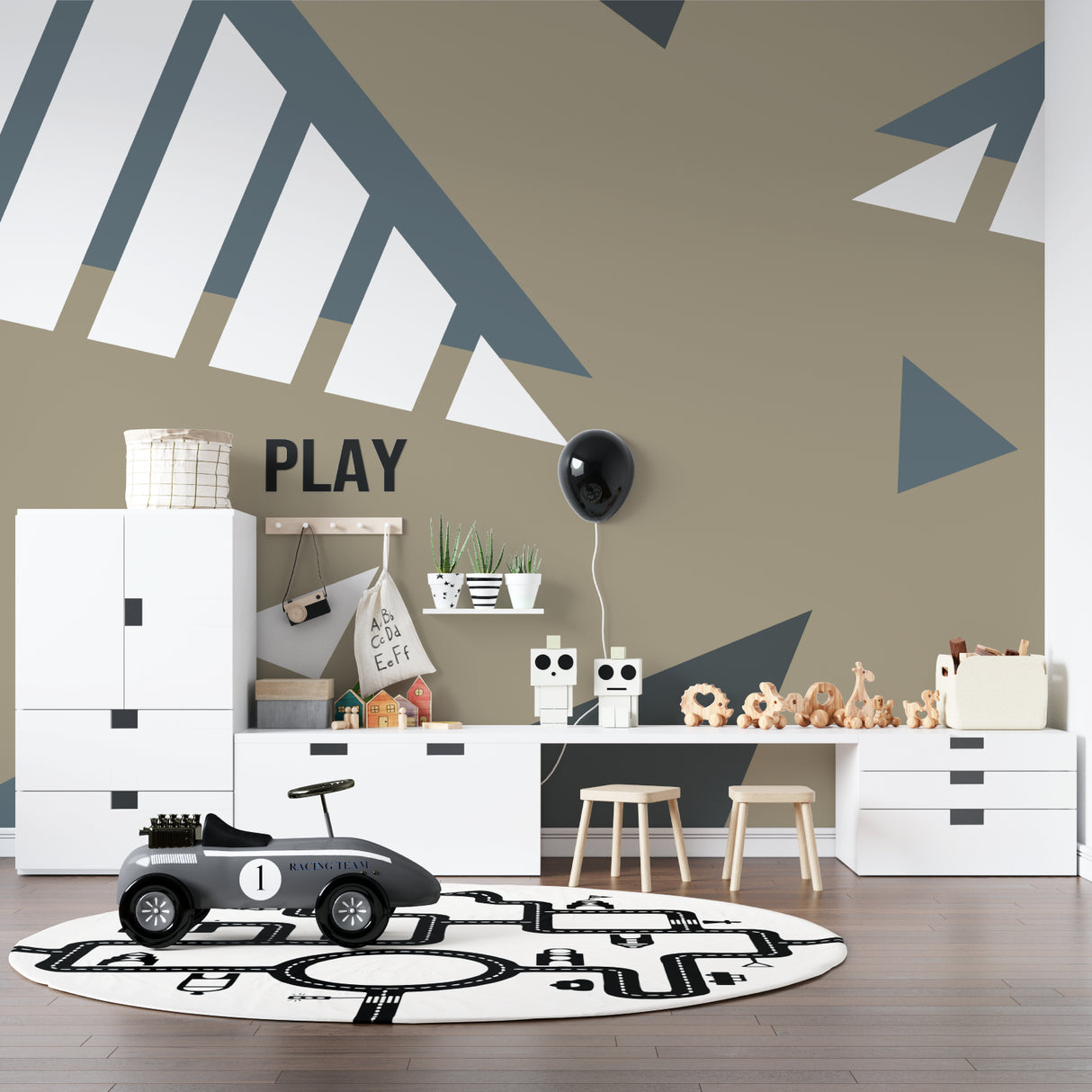 Taupe and grey geometric pattern making statement in contemporary hallway