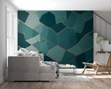 Modern geometric teal and gold wallpaper in a bright contemporary living room setting