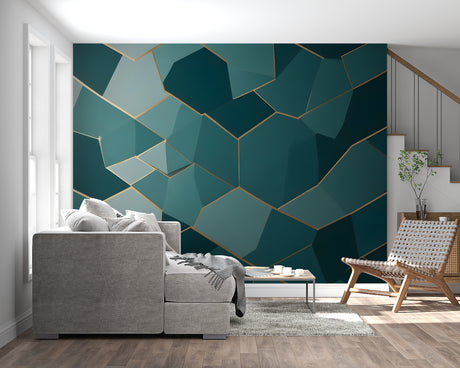Modern geometric teal and gold wallpaper in a bright contemporary living room setting