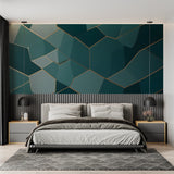 Geometric pattern wallpaper adding drama to a minimalist dining room