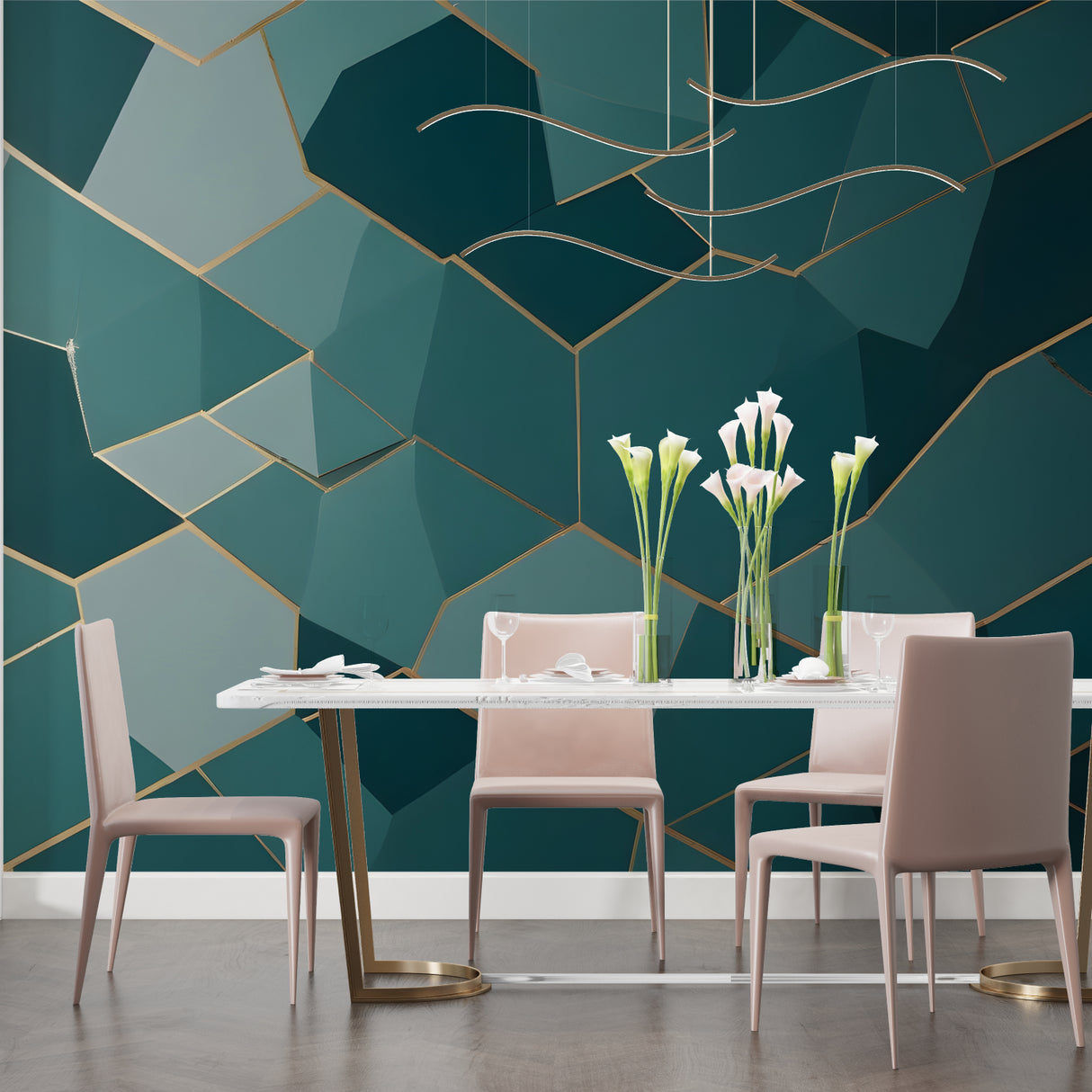 Teal and gold geometric wallpaper making a statement in home office space