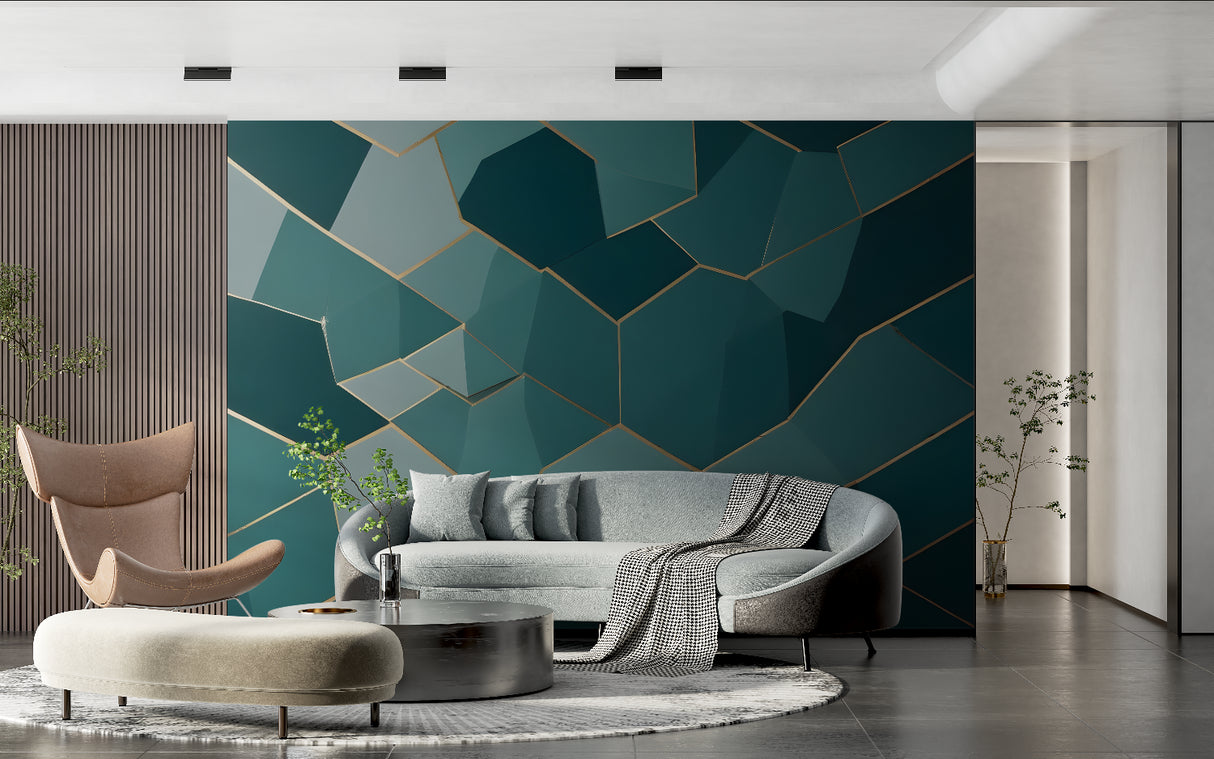 Modern geometric wall mural creating depth in master bedroom