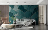 Modern geometric wall mural creating depth in master bedroom