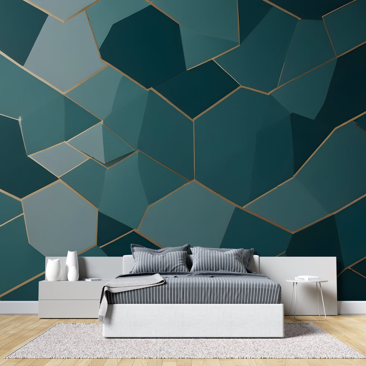 Geometric pattern feature wall in modern hallway with gold accents