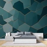 Geometric pattern feature wall in modern hallway with gold accents