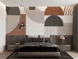 Geometric abstract wallpaper in home office with minimal desk setup