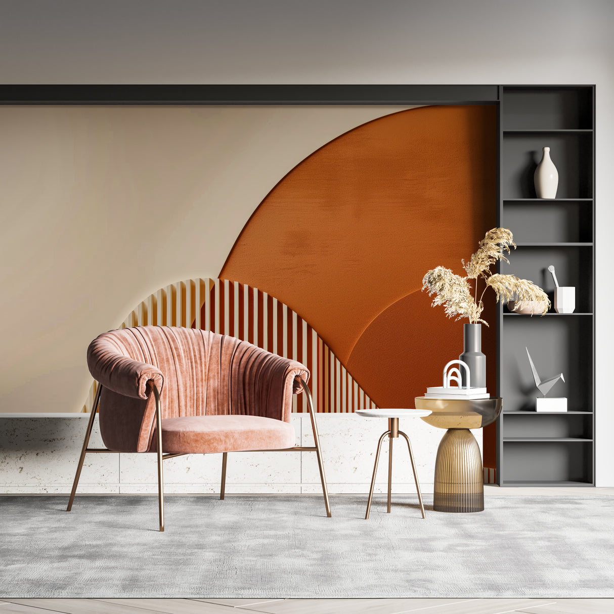 Geometric Arch Mural in warm-toned bedroom setting