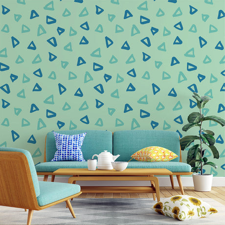 Modern home office featuring a Geometric Triangle Pattern Wallpaper in mint green, creating a fresh and inspiring workspace