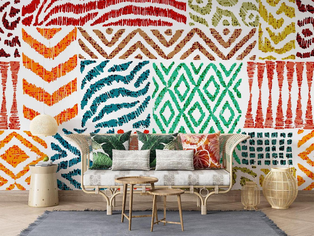 Geometric tribal wallpaper in modern living room setting with white sofa and natural light