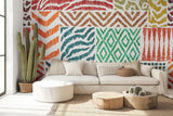 Modern geometric pattern mural in home office with minimalist desk setup