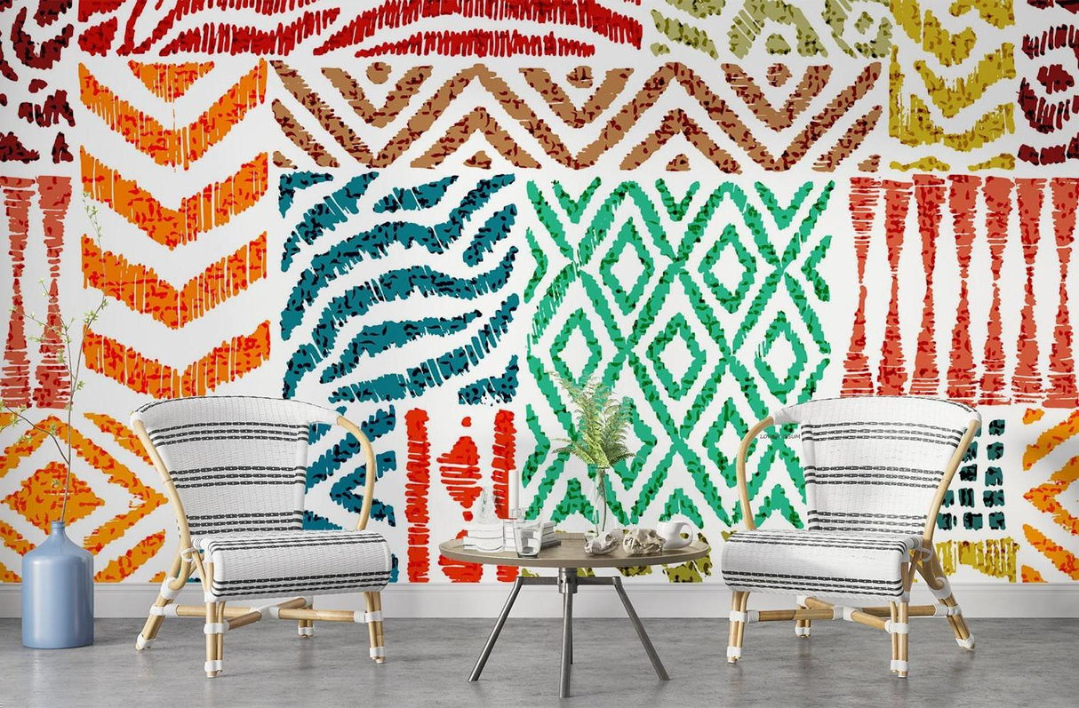 Vibrant tribal wallpaper in contemporary hallway setting