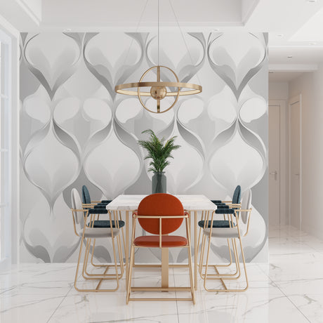 Modern geometric wallpaper in minimalist living room showing flowing grey patterns