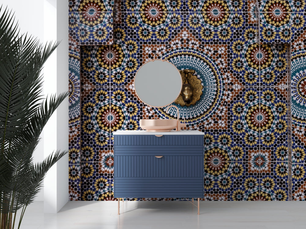 Geometric pattern wallpaper bringing warmth to a dining room with golden hour lighting